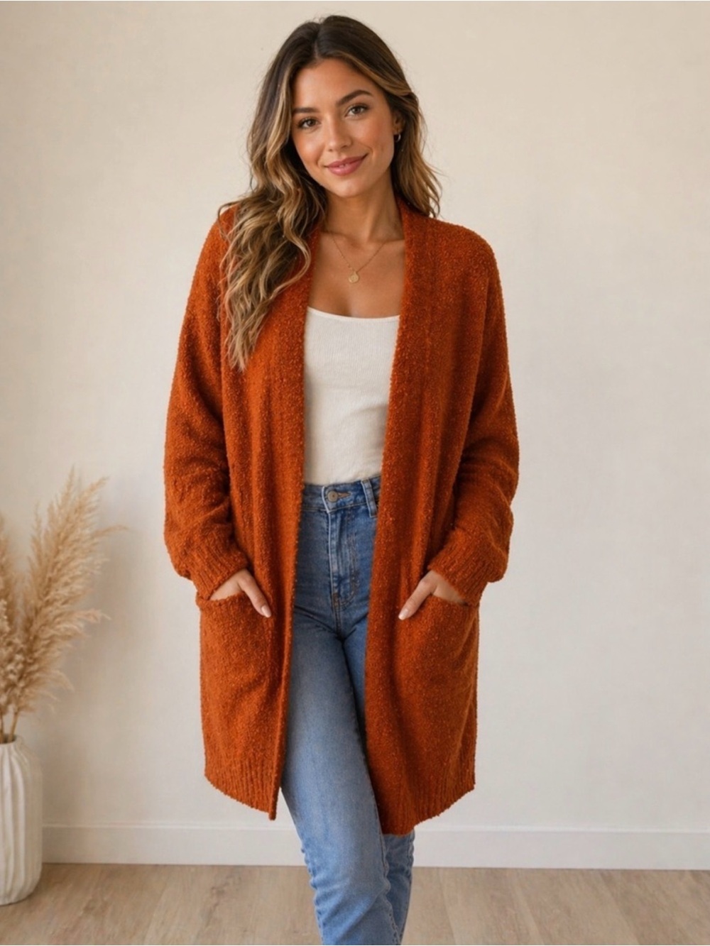 Cozy Open-Front Rust Cardigan Sweater for Women